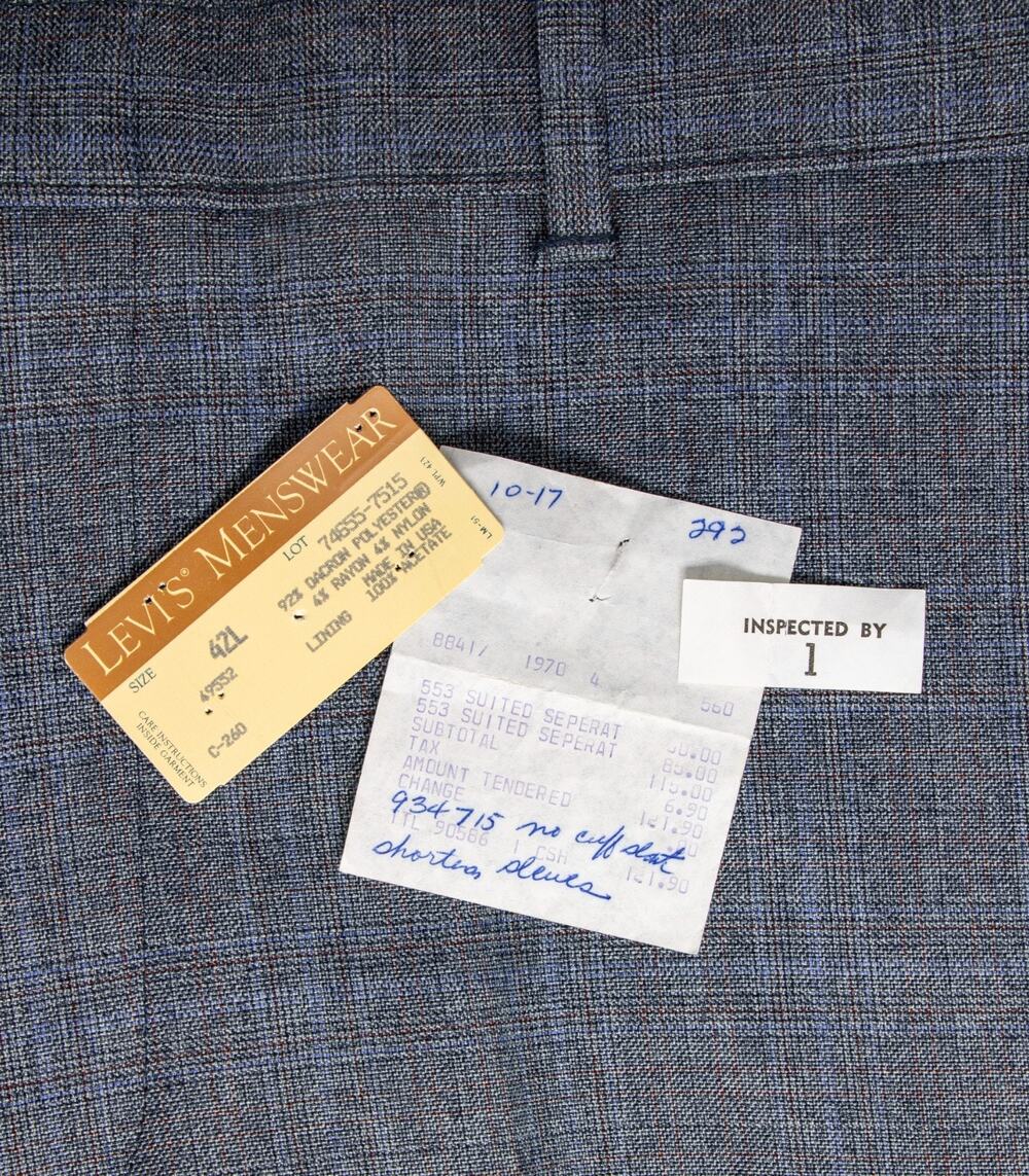 VTG 1970 Levi’s Action Suit 2pc Set Gray/Blue Glen Check Receipt/Tag 42L 36x30